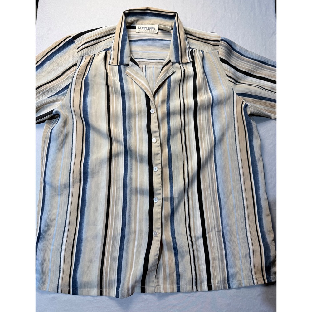 Donnkenny Classics Mens Large Striped Button Down Shirt Blue Tan Short‎ Sleeve